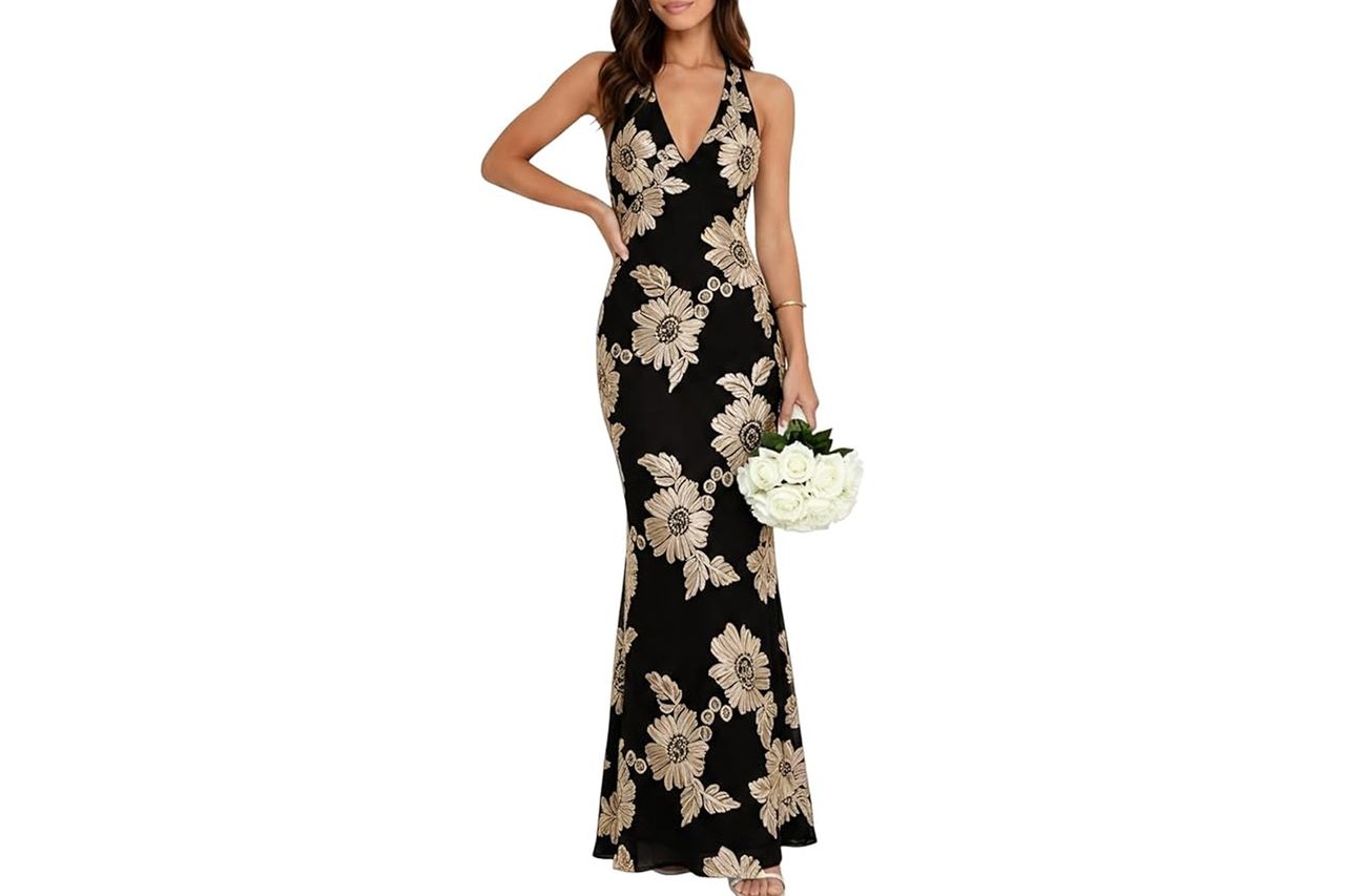 Firfig Women's Floral Mesh Halter Bodycon Wedding Guest Cocktail Maxi Dress Credit: Amazon