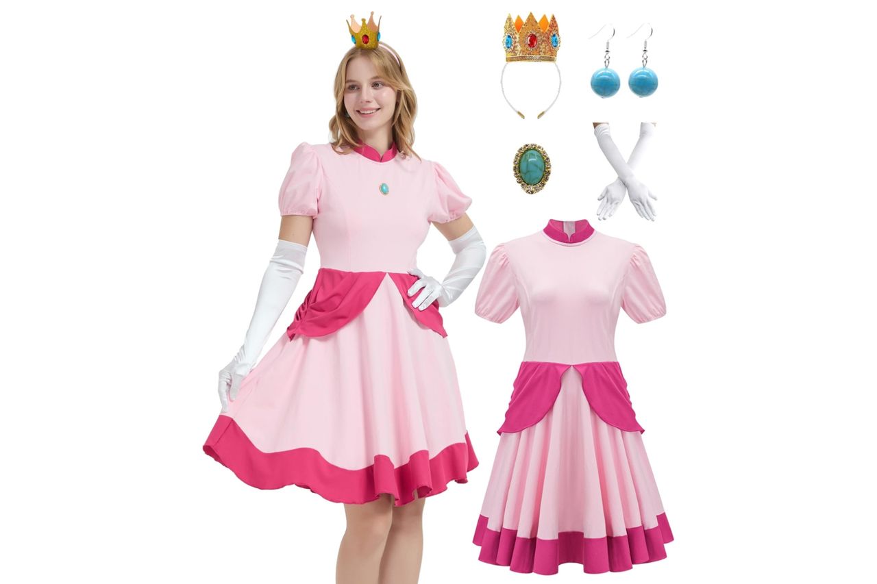 Halloween Costume for Women 2026,Princess Peach Adult Dress with Crown Credit: Amazon