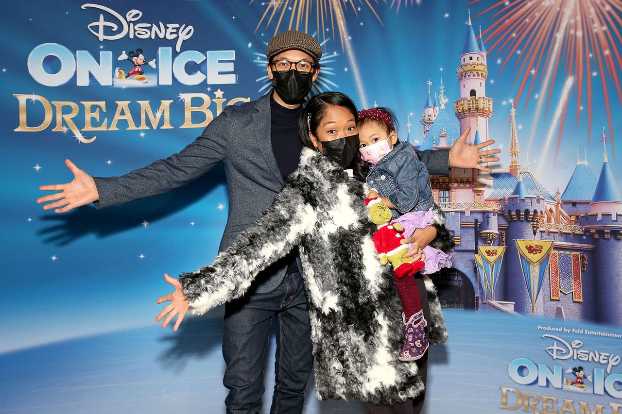 Harry Shum Jr., Shelby Rabara, and Xia Shum attend Disney On Ice at STAPLES Center Los Angeles at Staples Center on December 18, 2021 in Los Angeles, California. Harry Shum Jr. and Shelby Rabara with their daughter, Xia, in 2021.Credit: Jesse Grant/Getty