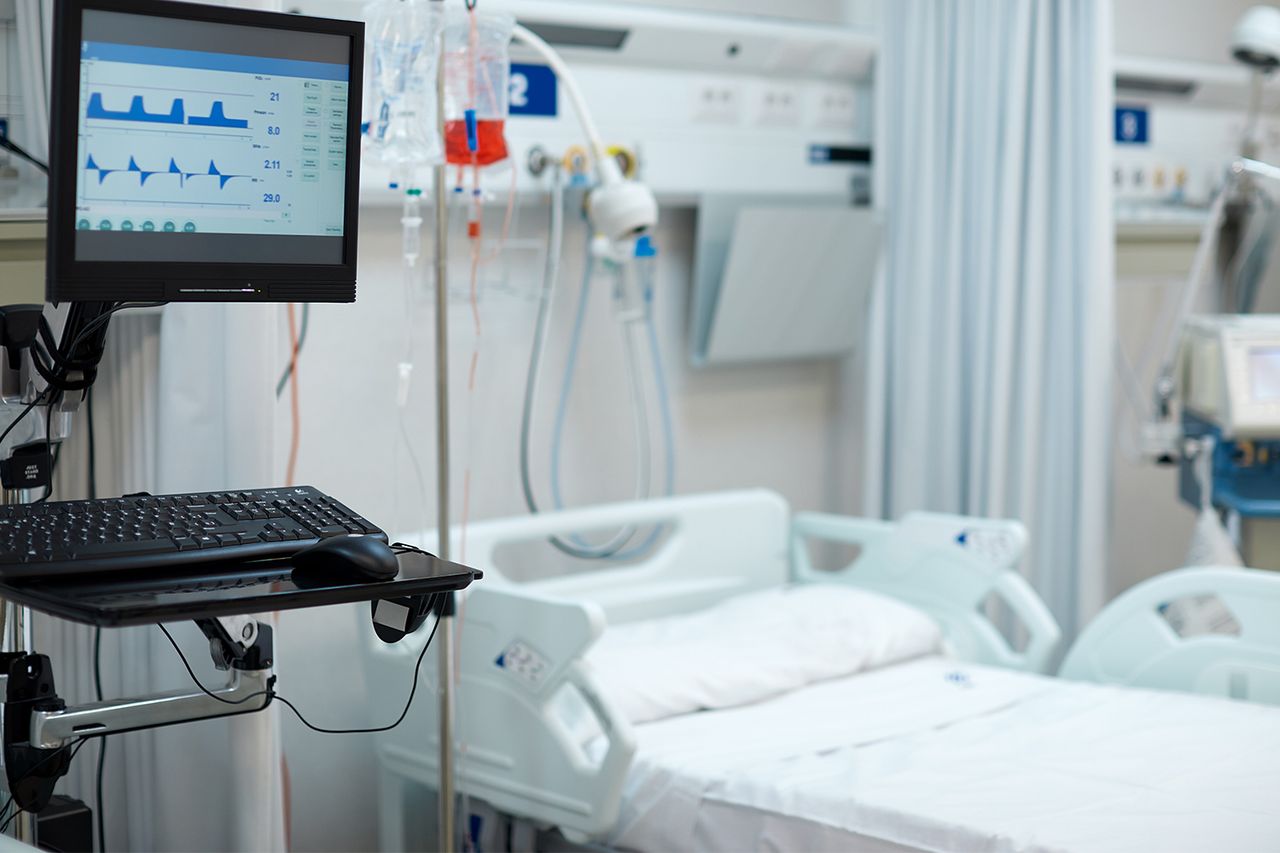 Hospital ward with a medical ventilator's monitor - stock photo A hospital room (stock image)Credit: Tempura/Getty