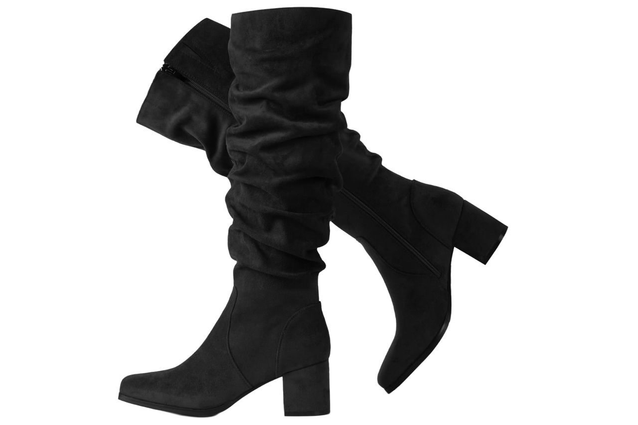 IUV Square Toe Slouchy Knee High Boots Women Suede Chunky Heel Fall Boots Credit: Amazon
