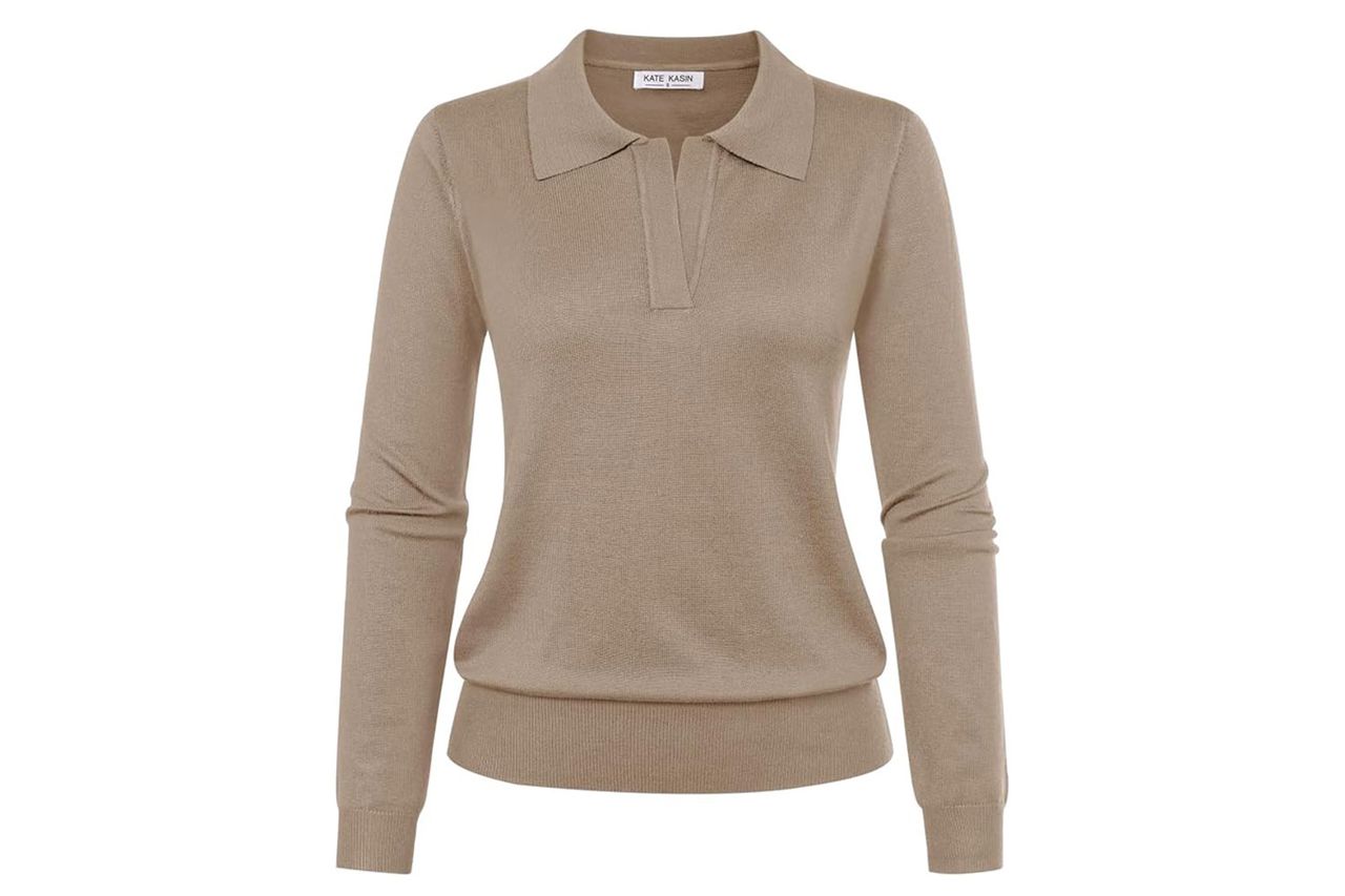 Women's Long Sleeve Classic V Neck Casual Fall Winter Polo Sweater Tops Credit: Amazon