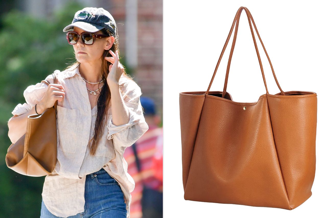 Katie Holmes is pictured on a stroll in New York City after dropping Suri off to college over the weekend. The American actress carried a brown tote bag and wore a baseball cap, linen shirt, jeans, and burgundy flats.; Oversize Pu Leather Tote Women Weekender Bag Shopper Handbag Travel Purse Credit: TheImageDirect.com