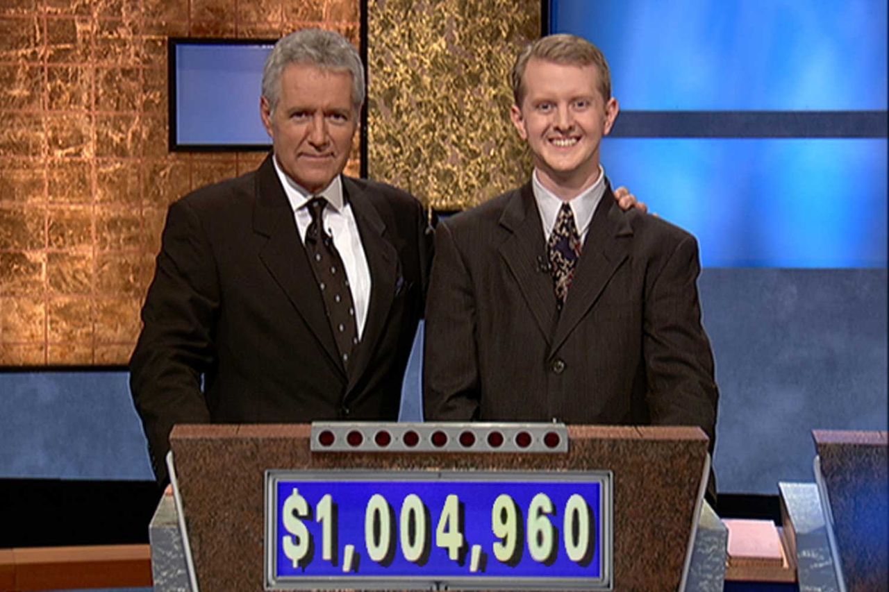 Jeopardy host Alex Trebek, (L) poses contestant Ken Jennings after his earnings from his record breaking streak on the gameshow surpassed 1 million dollars July 14, 2004 in Culver City, California. Alex Trebek and Ken Jennings on ‘Jeopardy!’ on July 14, 2004Credit: Jeopardy Productions via Getty