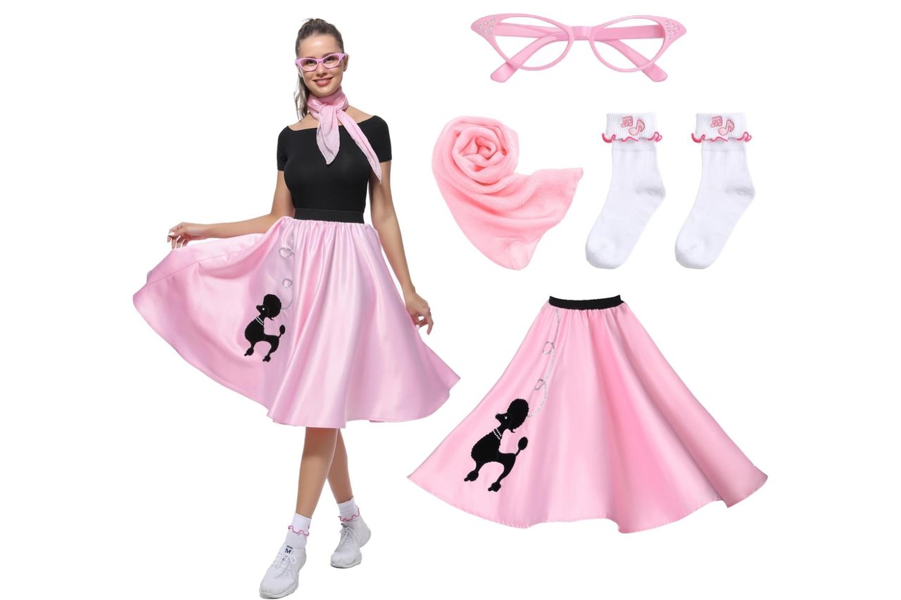Leadtex Women Sock Hop Costume 1950s Poodle Skirt with Scarf,Glasses,Socks,Adult 4 Piece 50s Costume Set Credit: Amazon