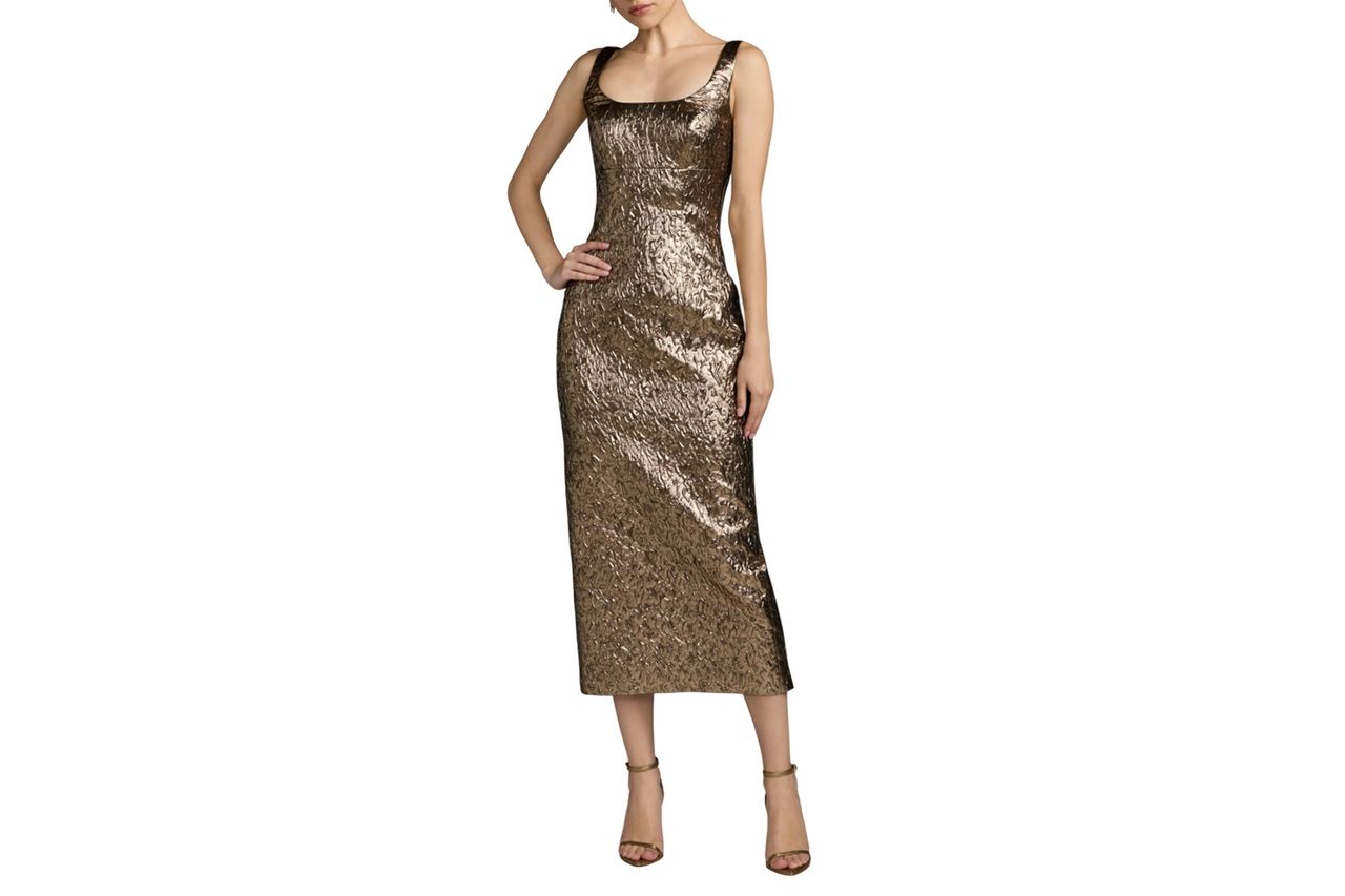 Mac Duggal Gold Metallic Scoop Neck Brocade Midi Dress Credit: Mac Duggal