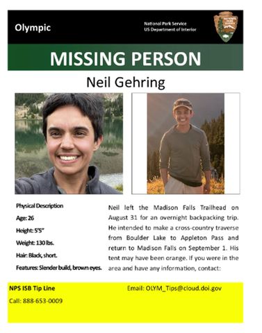 Neil Gehring, 26, is pictured in an undated missing-person flyer released by the National Park Service. Missing-person flyer for Neil GehringCredit: Courtesy of the National Park Service