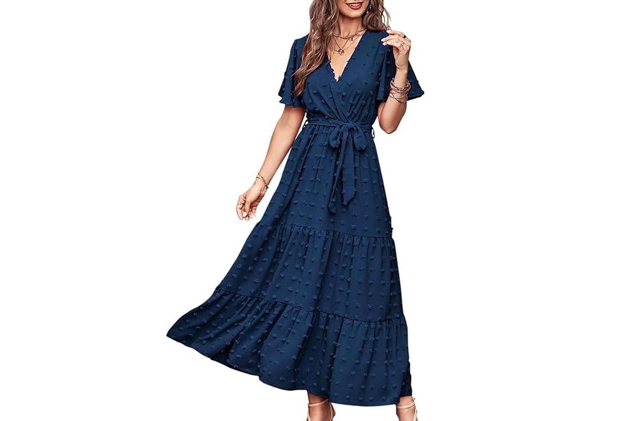 MASCOMODA Womens Summer Swiss Dot Maxi Dresses Wrap V Neck Flutter Short Sleeve Boho Casual Flowy Long Wedding Guest Dress Credit: Amazon