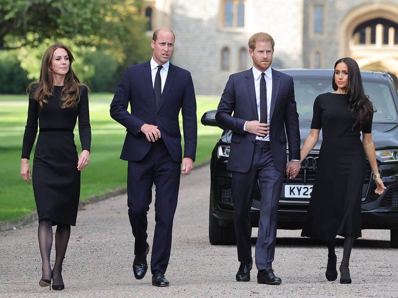 Kate Middleton, Prince William, Prince Harry and Meghan Markle arrive at Windsor Castle to view flowers and tributes to the late Queen Elizabeth on Sept. 10, 2022Credit: Chris Jackson/Getty