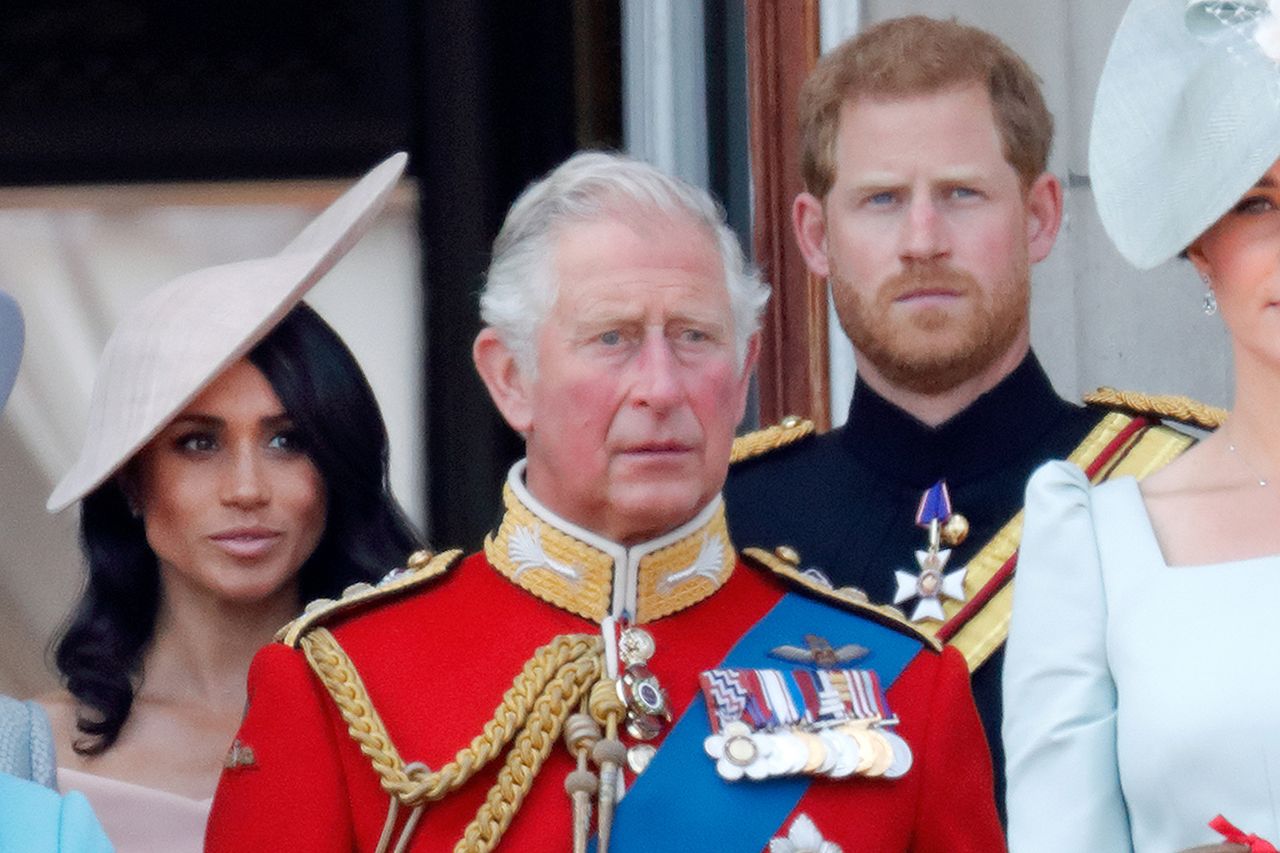 Meghan, Duchess of Sussex, Prince Charles, Prince of Wales and Prince Harry, Duke of Sussex stand on the balcony of Buckingham Palace during Trooping The Colour 2018 on June 9, 2018 in London, England Meghan Markle, King Charles and Prince Harry in June 2018Credit: Max Mumby/Indigo/Getty