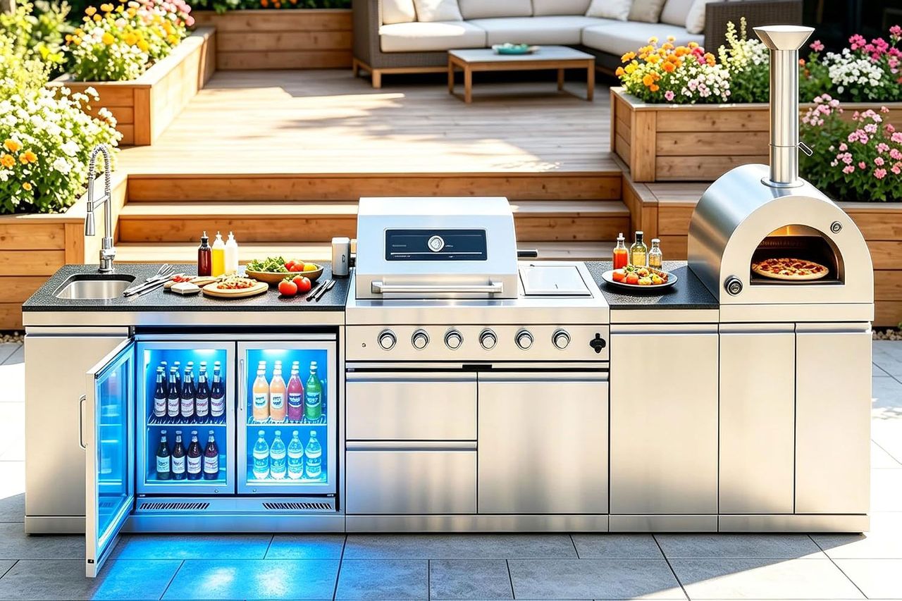 Outdoor kitchen setup with a grill pizza oven sink and beverage fridge located on a patio with wooden planters and seating Credit: Amazon