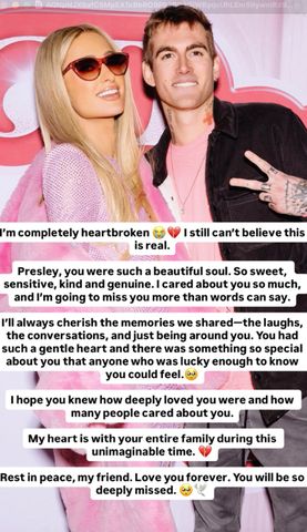 Paris Hilton Pays Tribte to 'Beautiful Soul' Presley Gerber After His Death Aged 27 Paris Hilton’s Instagram tribute to Presley GerberCredit: Paris Hilton/Instagram
