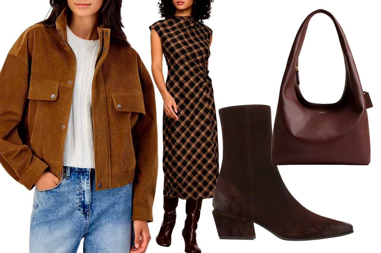 A collection of fall outfit pieces including a knit jacket patterned dress heeled boots and a dark leather bag Credit: Macy's(4)