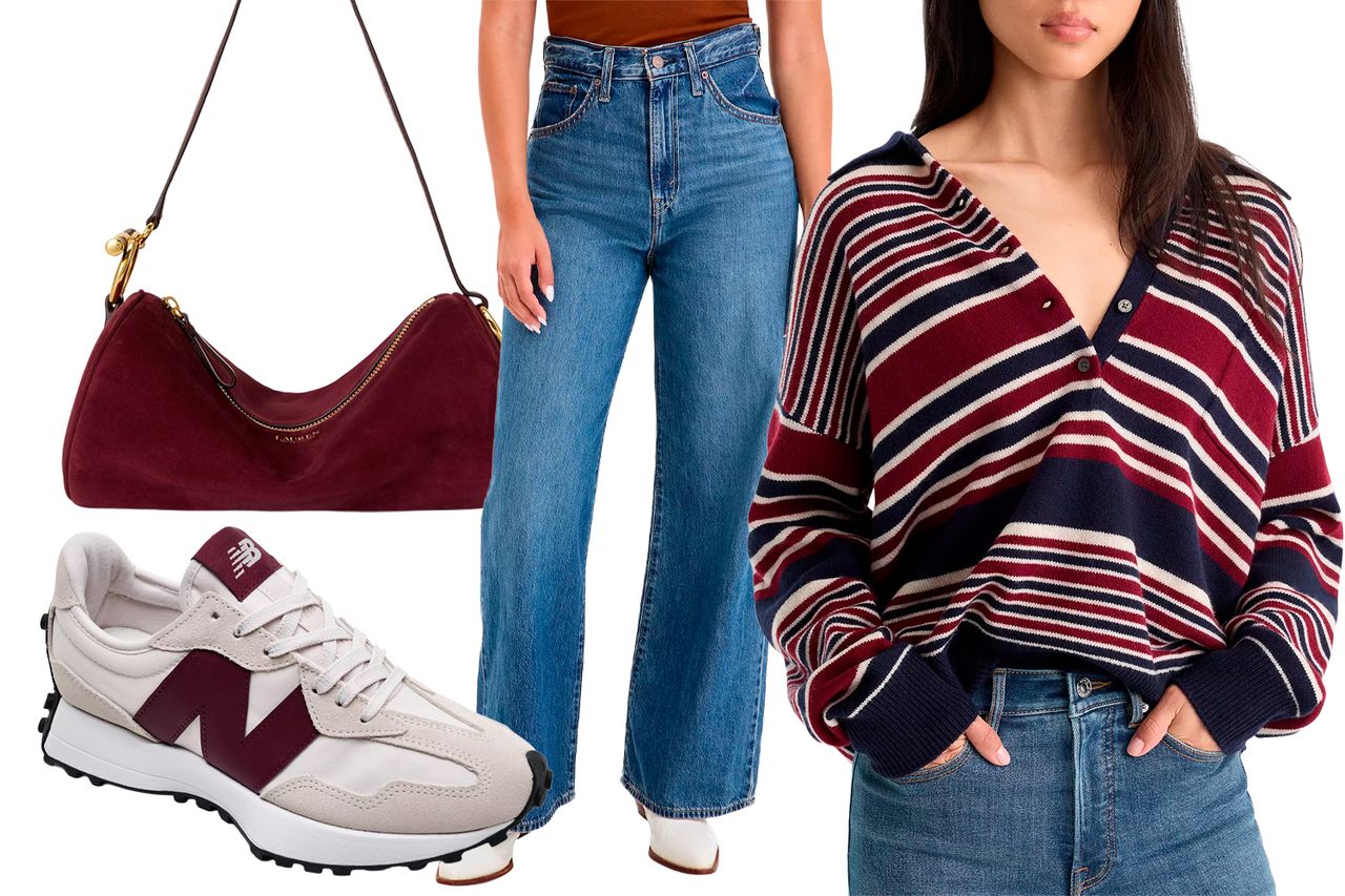 Outfit featuring a striped sweater wideleg jeans burgundy handbag and sneakers Credit: Macy's(4)