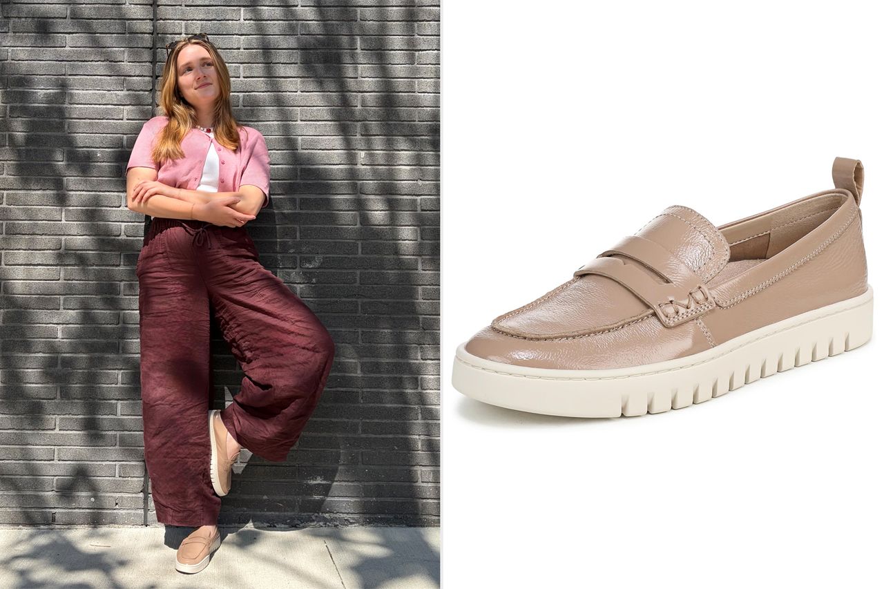 A person standing against a wall wearing casual attire and loafers next to a closeup of a loafer shoe Credit: People/Amazon