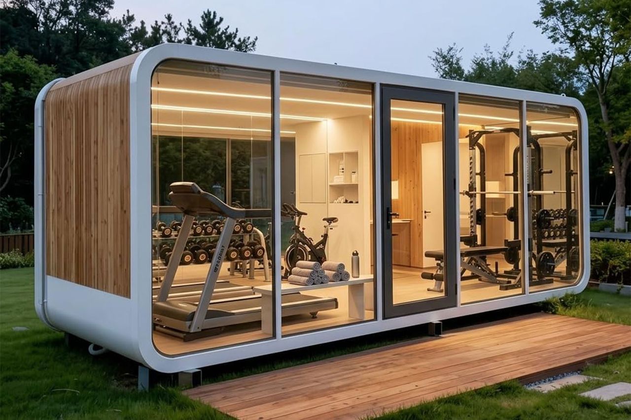 Prefab modular backyard gym with equipment and glass front on a wooden deck Credit: Amazon
