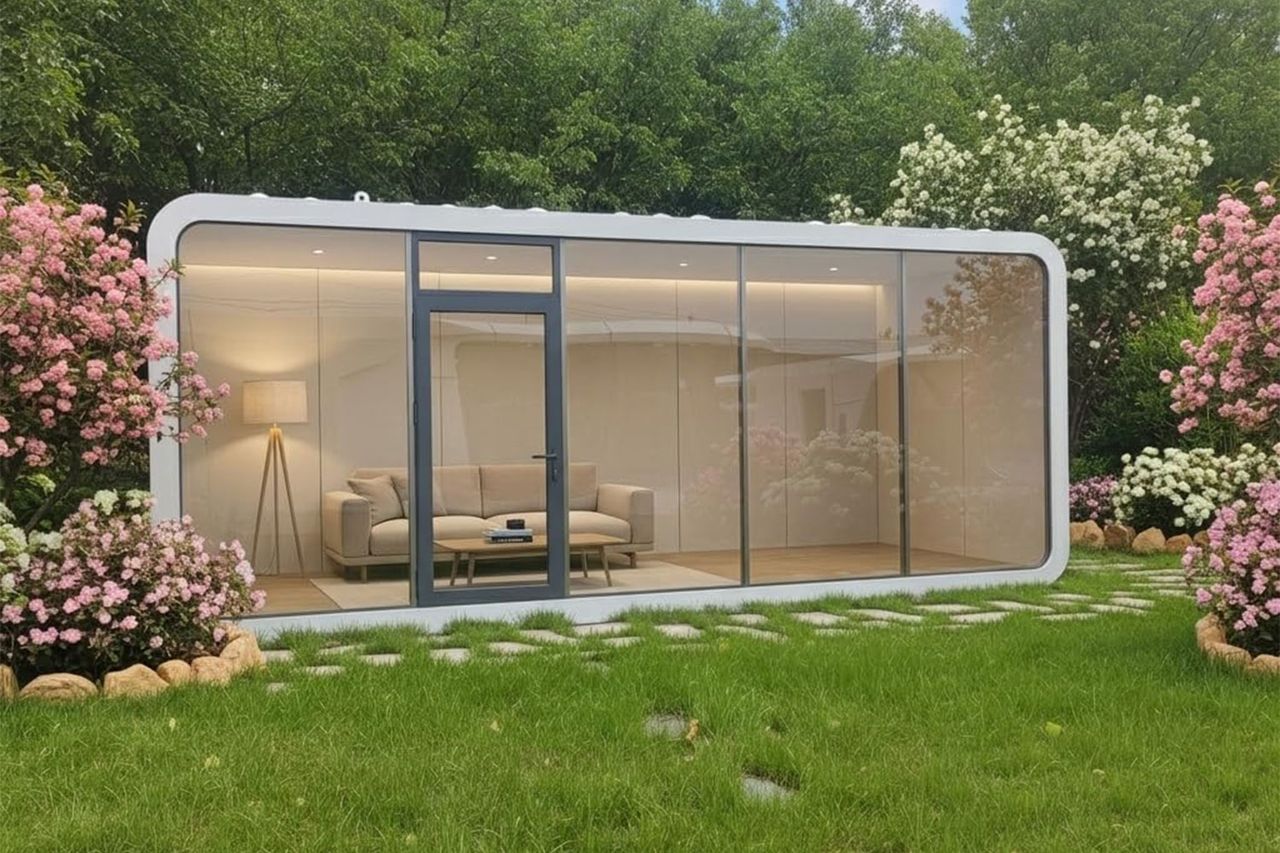 A modern backyard office pod with floortoceiling windows and a cozy interior surrounded by a landscaped garden with flowers Credit: Amazon