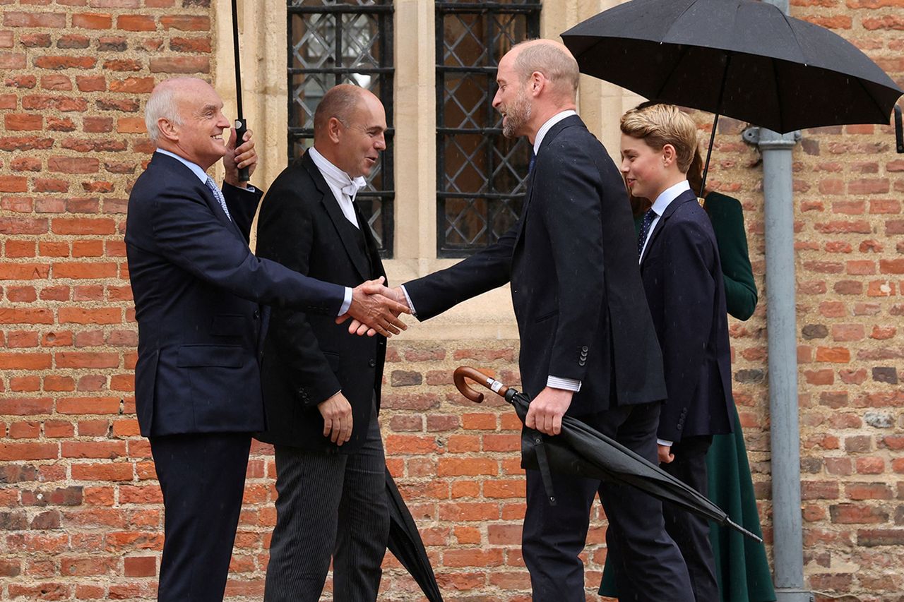Prince William, Prince of Wales (front R), Britain's Catherine, Princess of Wales (behind R) and their 13-year-old son, Britain's Prince George of Wales (R), are met by headmaster Simon Henderson (2nd L) and provost Nicholas Coleridge (L) as Prince George arrives for his first day at Eton College, in Eton, west of London, on September 8, 2026. Prince William, Prince George and Kate Middleton are welcomed to Eton College by headmaster Simon Henderson and provost Nicholas Coleridge on George’s first day at the school, Sept. 8, 2026Credit: Adrian DENNIS / POOL / AFP via Getty