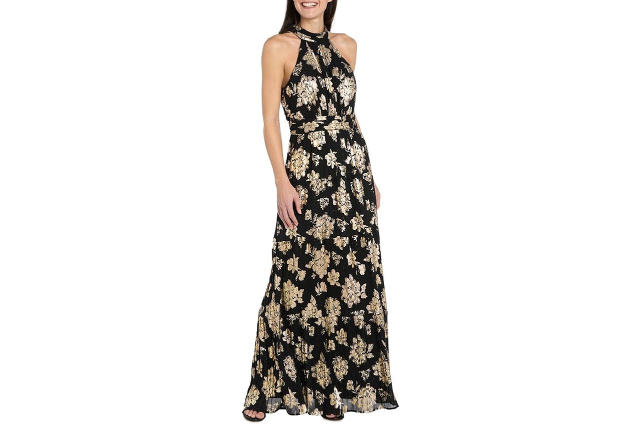 RandM Richards Women's Elegant Pleated Foil Jacquard Halter Neck Sleeveless Maxi Dress Credit: Amazon