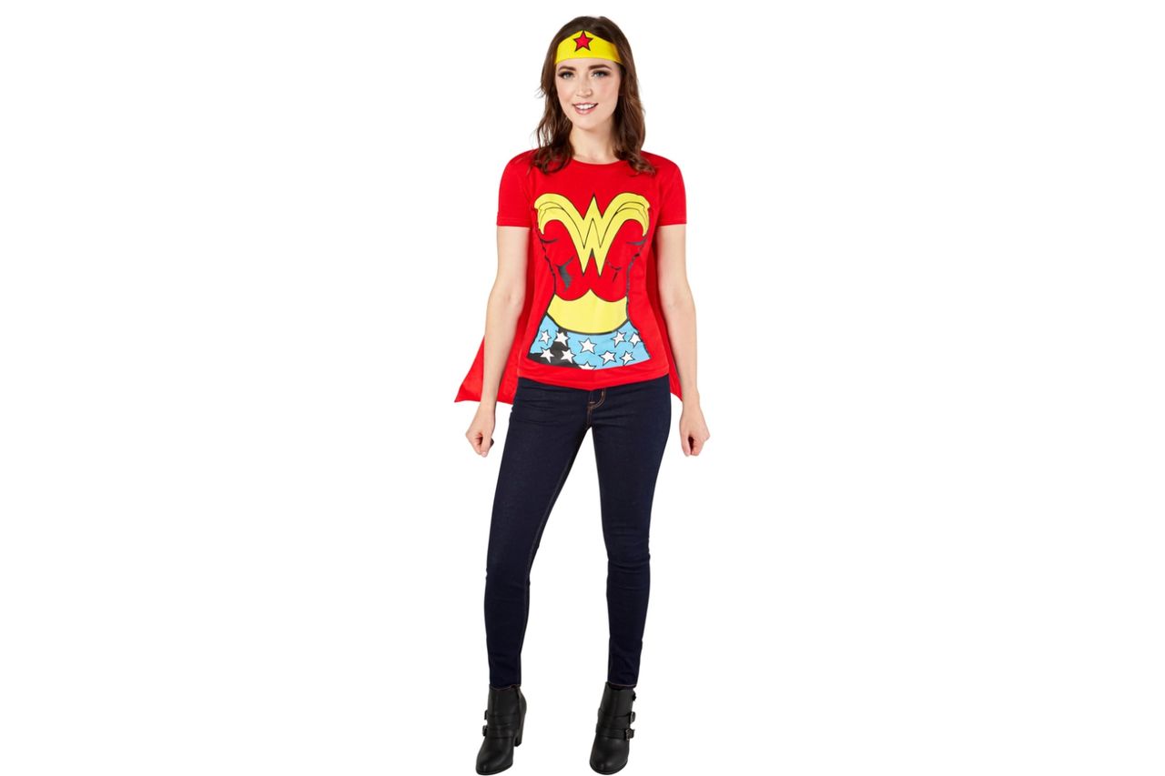 Rubies at Party City DC Comics: Wonder Woman Costume T-Shirt With Cape And Headband for Adults Credit: Amazon