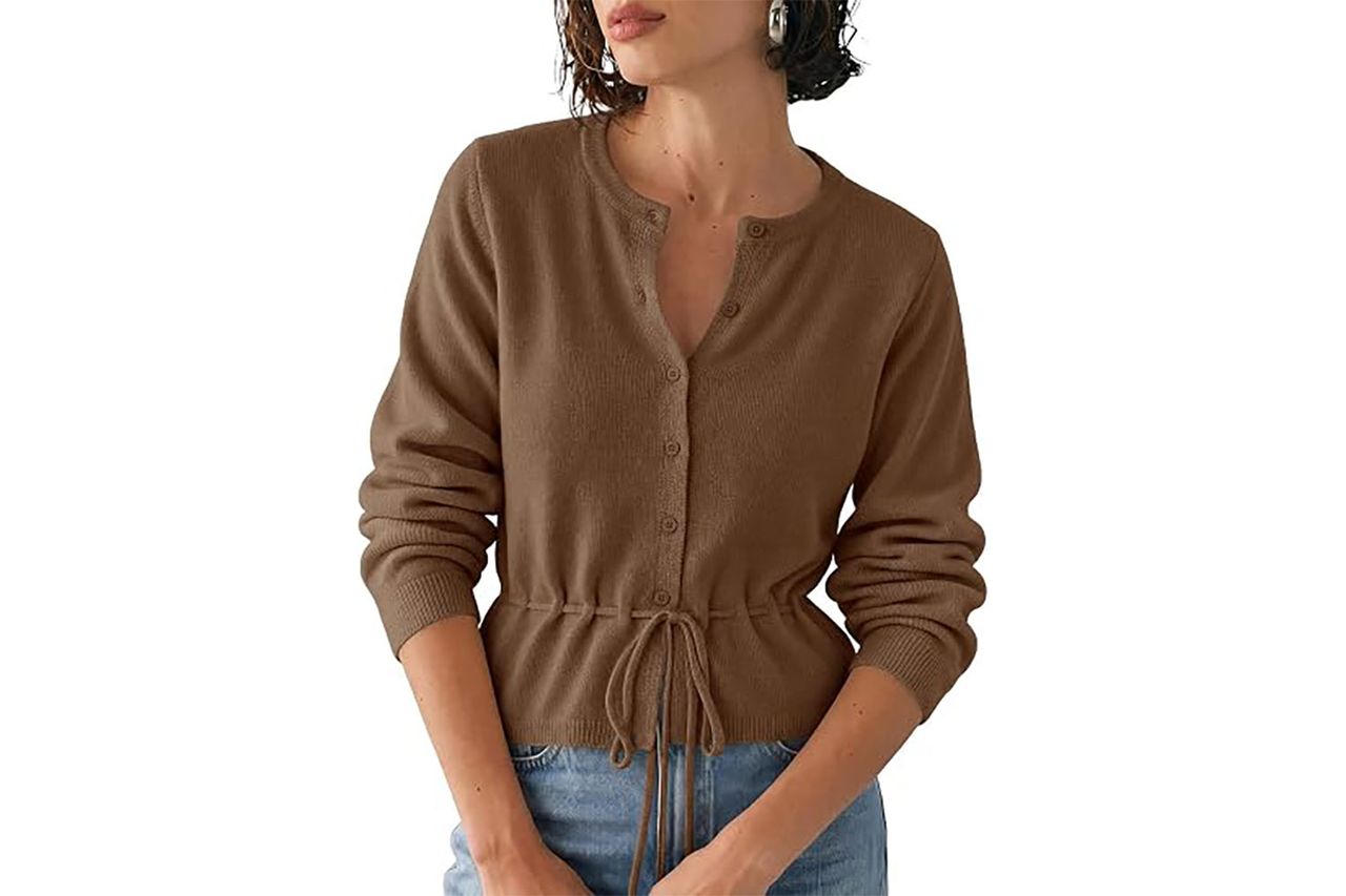Saodimallsu Women's Cropped Cardigan Button-Up Tie Crew Credit: Amazon