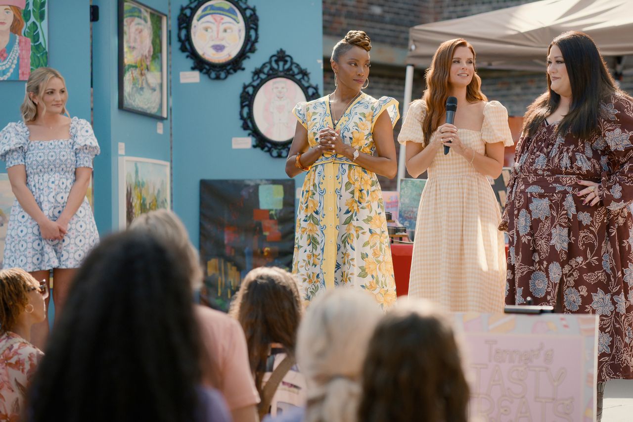 Jamie Lynn Spears as Noreen Fitzgibbons, Heather Headley as Helen Decatur, JoAnna Garcia Swisher as Maddie Townsend, and Brooke Elliott as Dana Sue Sullivan in episode 509 of Sweet Magnolias. Jamie Lynn Spears as Noreen, Heather Headley as Helen , JoAnna Garcia Swisher as Maddie, and Brooke Elliott as Dana Sue, episode 509 of Sweet MagnoliasCredit: Courtesy of Netflix