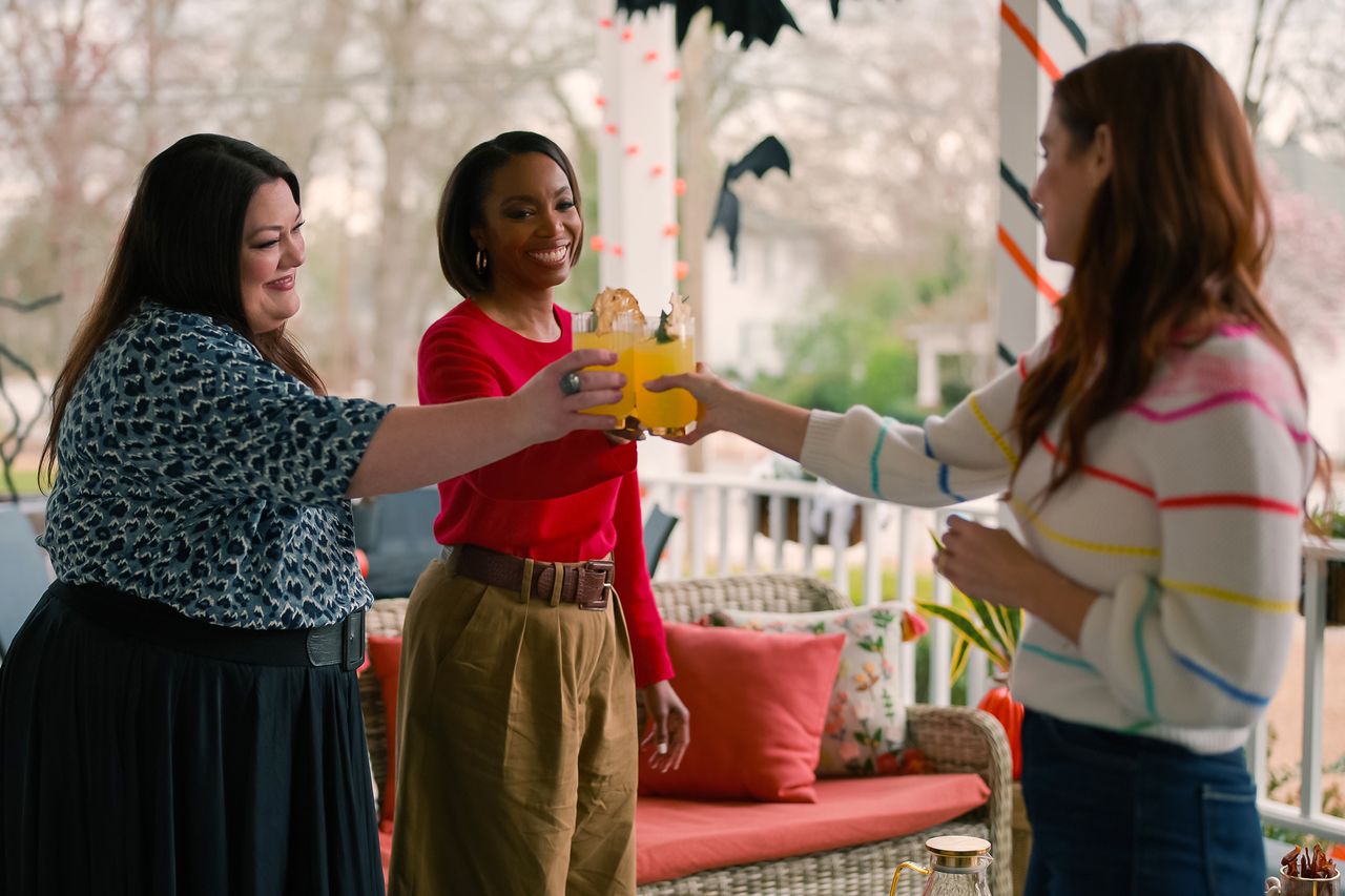 Sweet Magnolias. (L to R) Brooke Elliott as Dana Sue Sullivan, Heather Headley as Helen Decatur and JoAnna Garcia Swisher as Maddie Townsend in episode 402 of Sweet Magnolias. Sweet Magnolias. Brooke Elliott as Dana Sue, Heather Headley as Helen and JoAnna Garcia Swisher as Maddie, episode 402Credit: Courtesy of Netflix