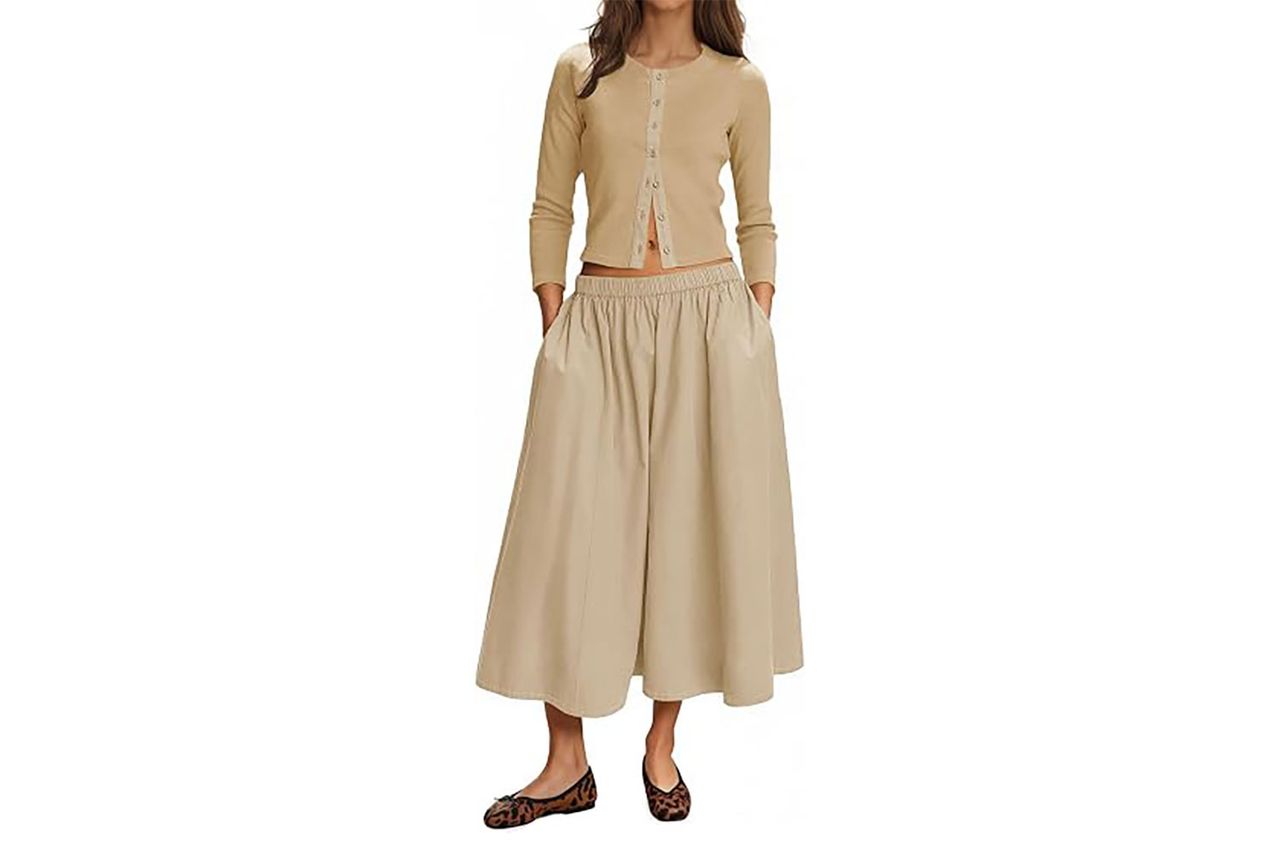 Tankaneo Women's 2-Piece Skirt Set Casual Ribbed Knit Cardigan Skirt Credit: Amazon