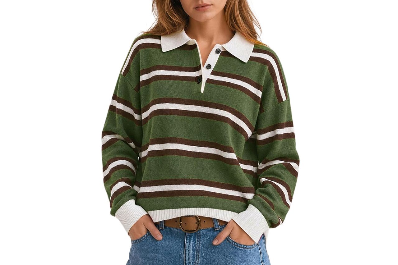 Woman wearing a striped polo sweater and jeans Credit: Amazon
