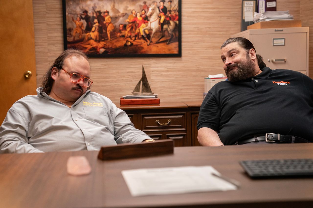 Stavros Halkias as Dave and H. Foley as Pete in Episode #304 of Tires S3. Stavros Halkias as Dave and H. Foley as Pete in ‘Tires’Credit: Jessica Kourkounis/Netflix