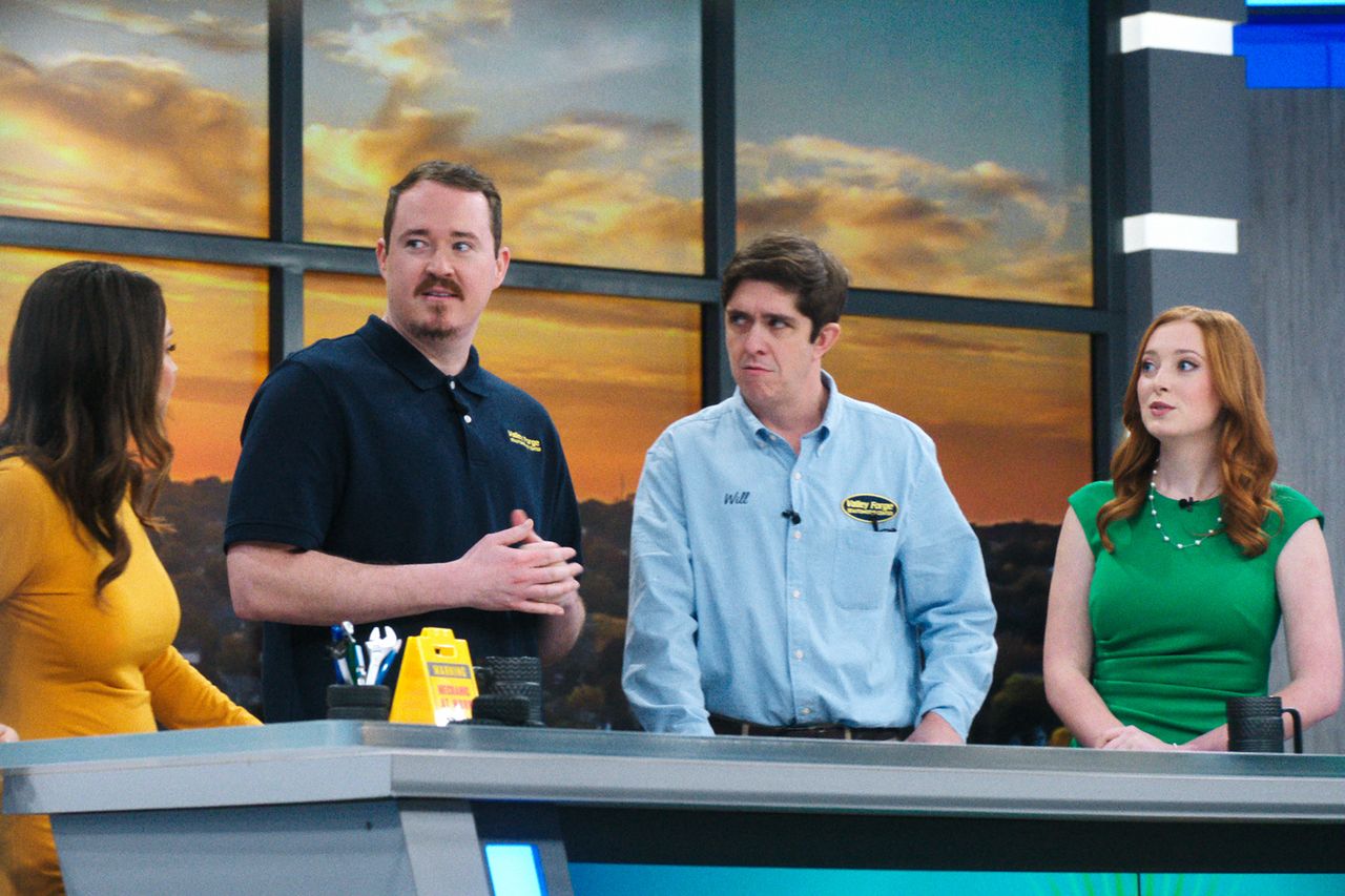 Shane Gillis as Shane, Steve Gerben as Will and Abigail Urban as Lead Anchor in Episode #30 of Tires S3. Shane Gillis as Shane, Steve Gerben as Will and Abigail Urban as an anchor in ‘Tires’Credit: Courtesy of Netflix