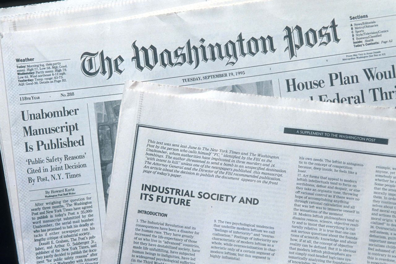A Washington Post newspaper contains the Unabomber's manifesto on September 19, 1995. A Washington Post newspaper contains the Unabomber’s manifesto on September 19, 1995.Credit: Evan Agostini/Liaison via Getty