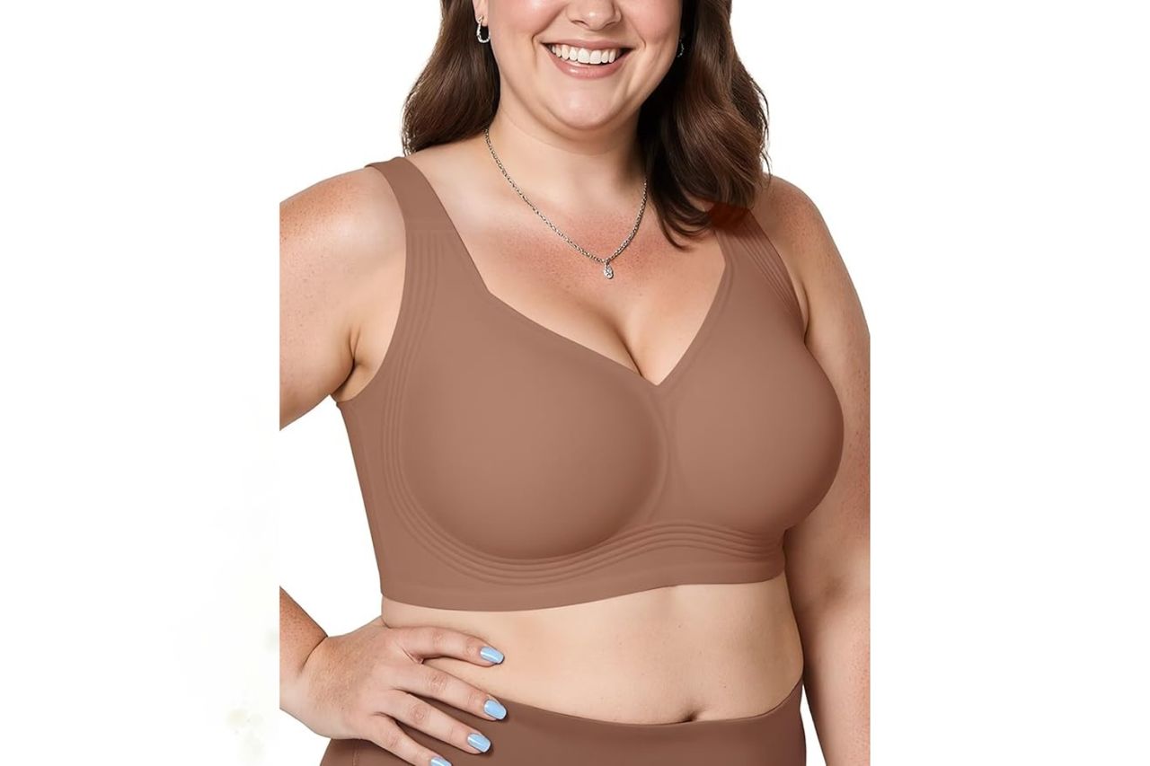 A woman wearing a sleeveless jelly bra and smiling Credit: Amazon