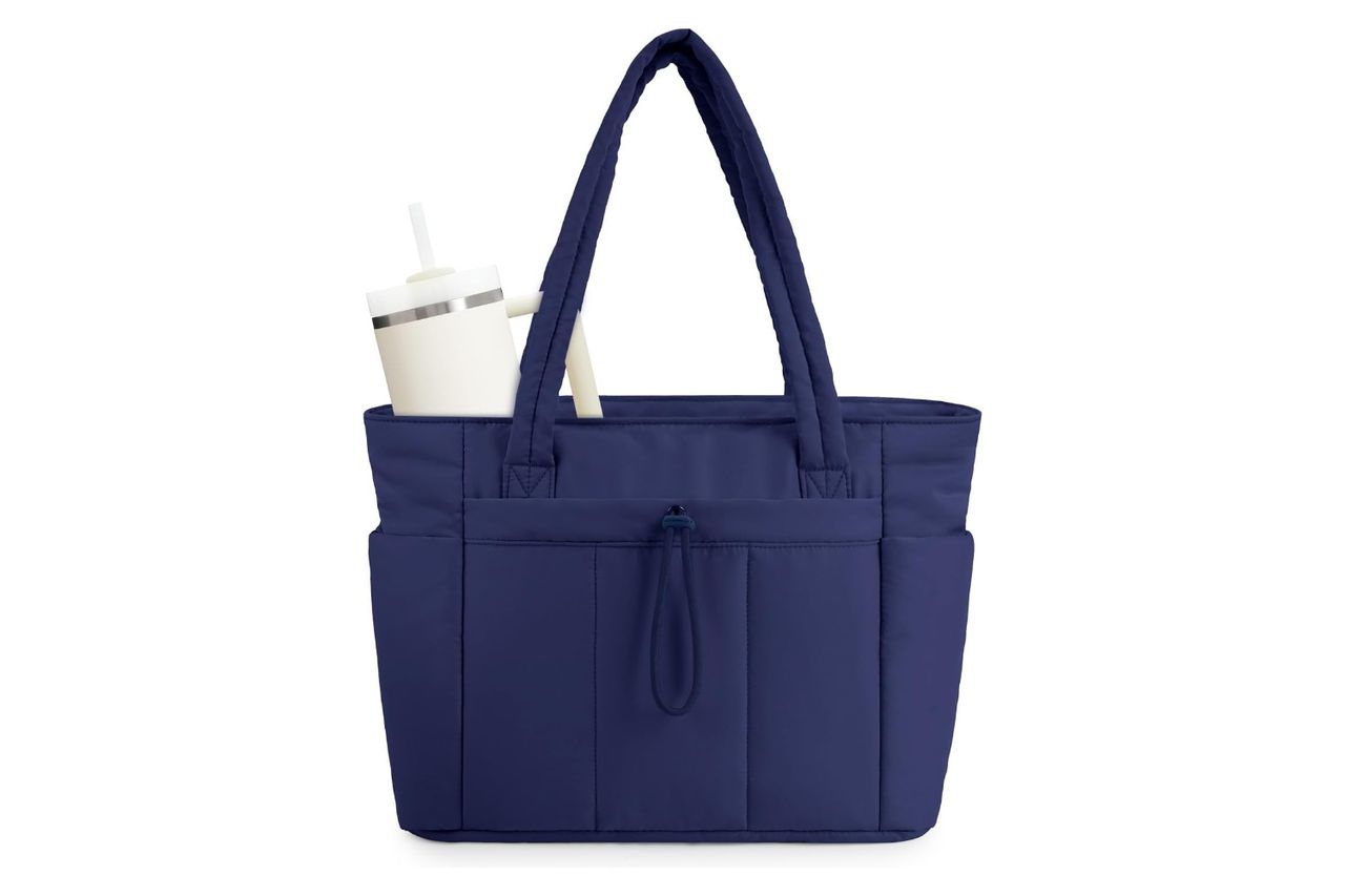 Wandering Nature Puffer Tote Bag with Cup Holder & Laptop Compartment Credit: Amazon