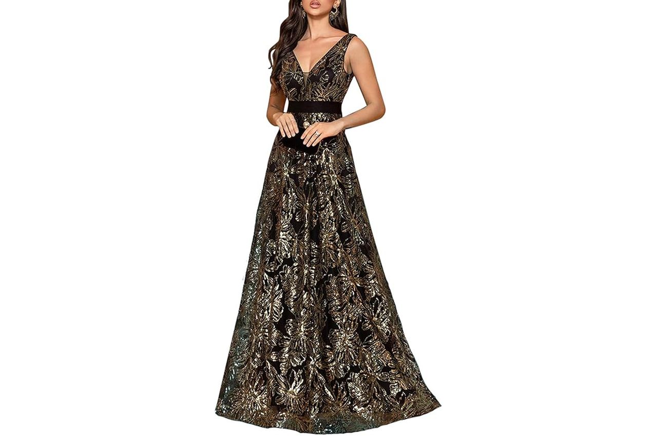 Xuibol Sleeveless Glitter Sequined Women's Long Formal Gown A-Line Prom Dress Credit: Amazon