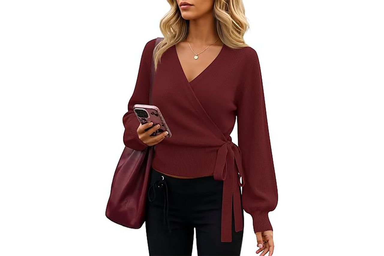 ZESICA Women's V-Neck Wrap Belted Cropped Sweater Credit: Amazon